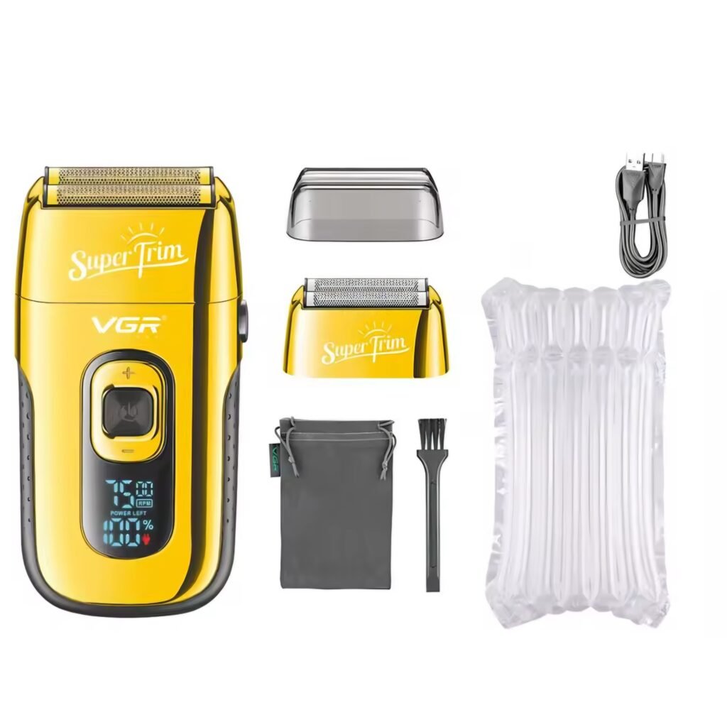 VGR V-332 gold electric shaver set including spare parts and USB charging cable.