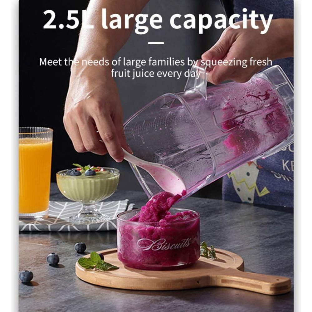 "A person pouring a purple smoothie from the Sokany SK-999's 2.5L large capacity blender pitcher into a glass, with other fruits nearby