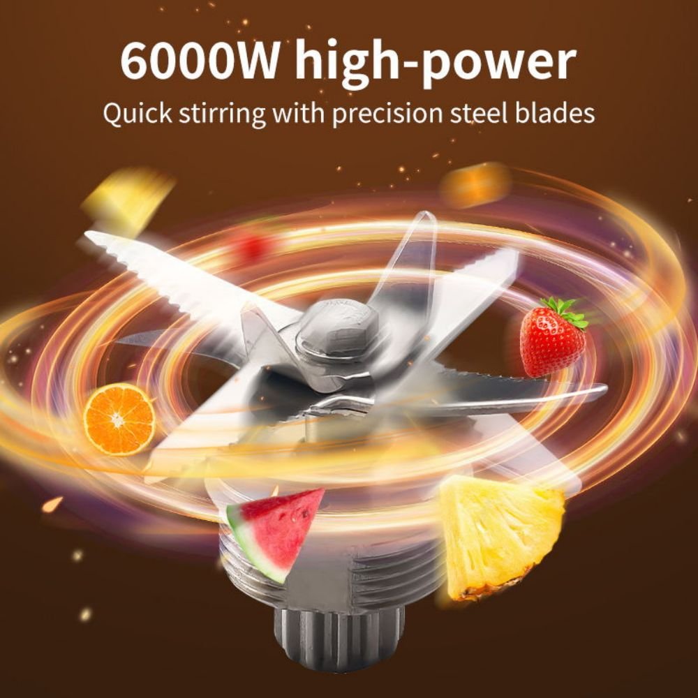 Close-up of Sokany SK-999's 6000W high-power steel blender blades rapidly mixing fruits like strawberry, watermelon, and pineapple.