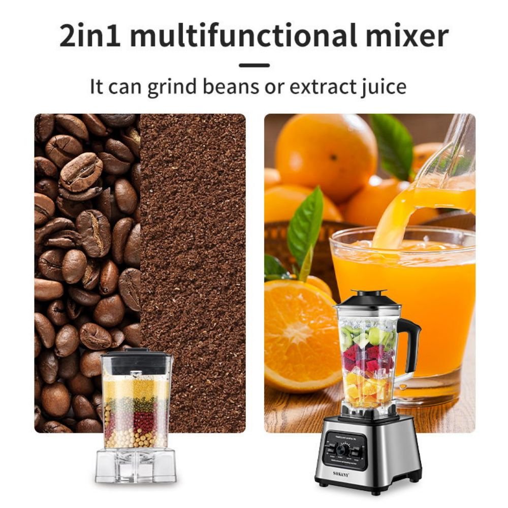 Sokany SK-999 multifunctional blender demonstrated grinding coffee beans and blending oranges for juice