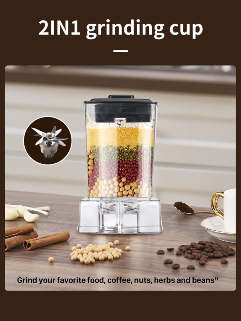"Sokany SK-999 2-in-1 grinding cup attachment filled with various grains and spices