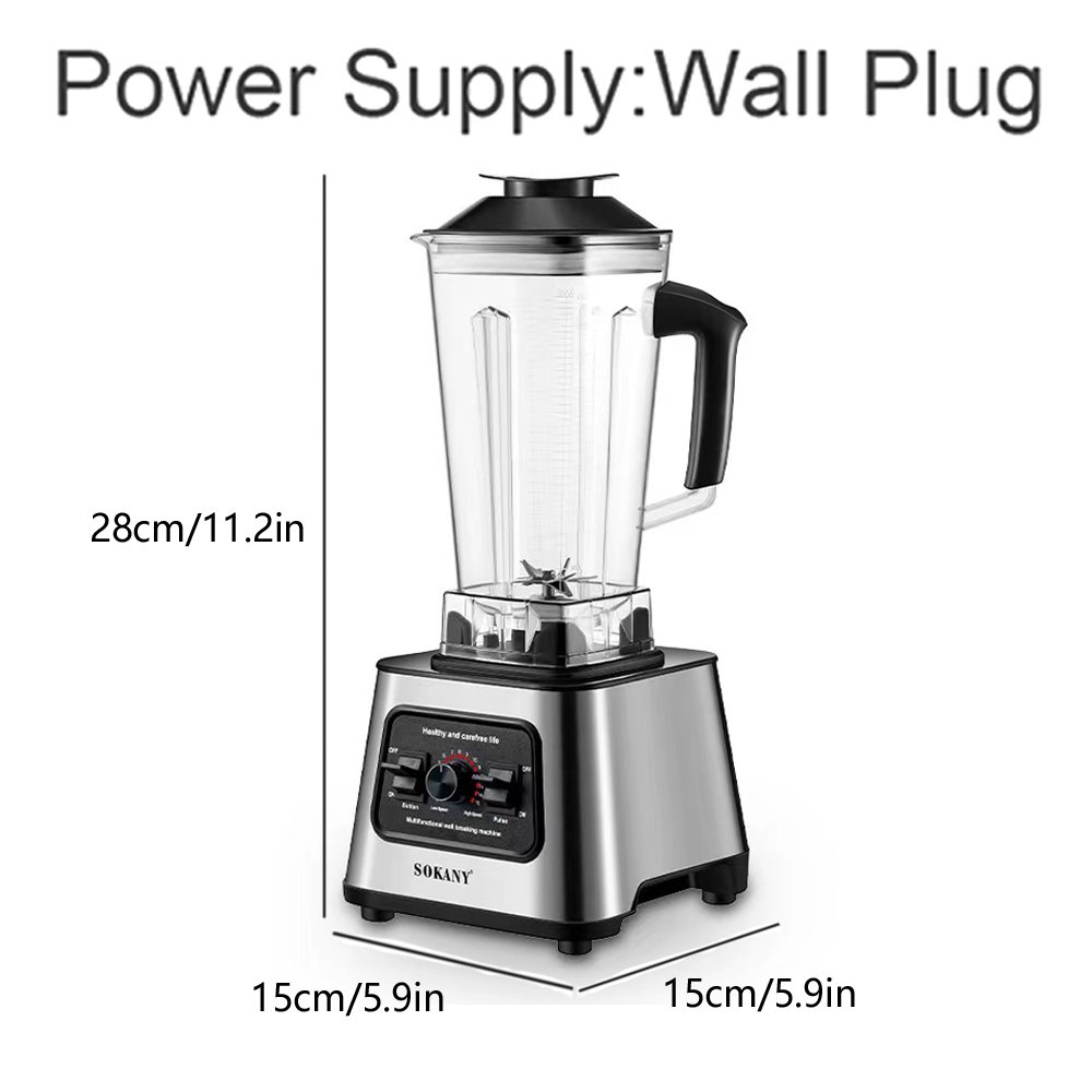 "Sokany SK-999 blender with a silver base, clear pitcher, and control panel