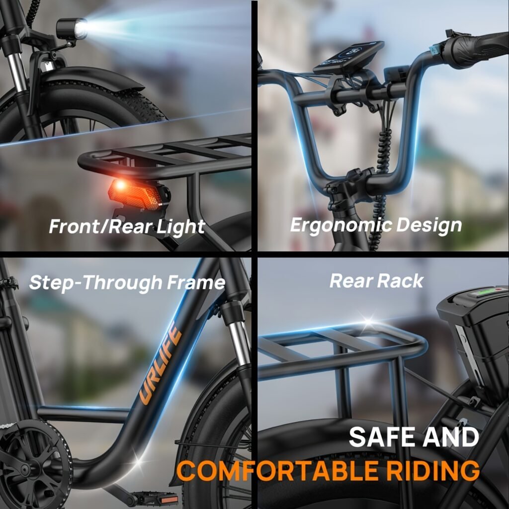 URLIFE E20 step-through frame design with front and rear lights and ergonomic features