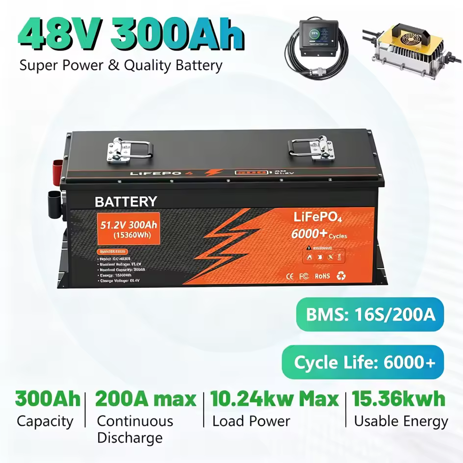 KEZIMO 48V 300Ah LiFePO4 battery technical specifications showing 15.36kWh energy capacity and 6000 plus cycle life.