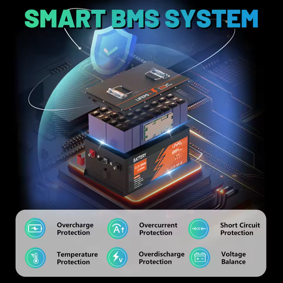KEZIMO 48V 300Ah LiFePO4 battery Smart BMS system showing overcharge protection and temperature control features for solar storage.