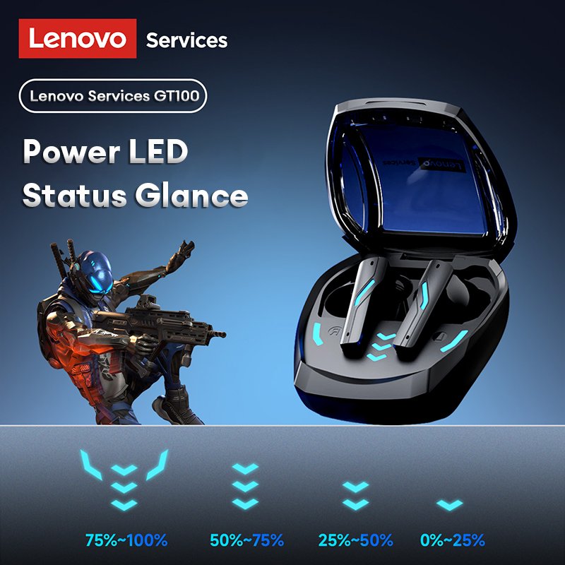 Lenovo GT100 charging case with power LED battery status indicator