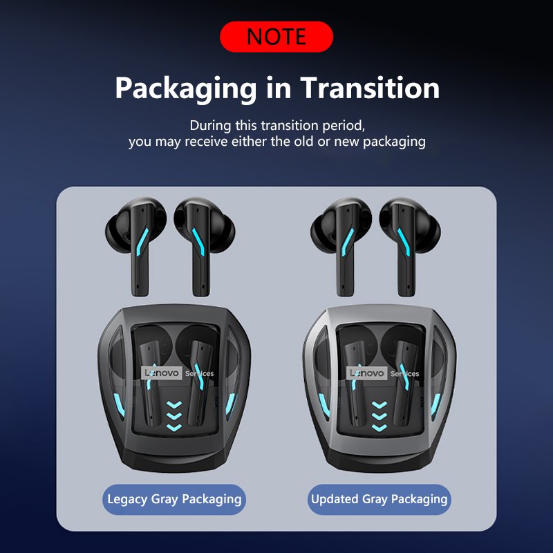 Lenovo GT100 earbuds packaging transition showing old and new box designs