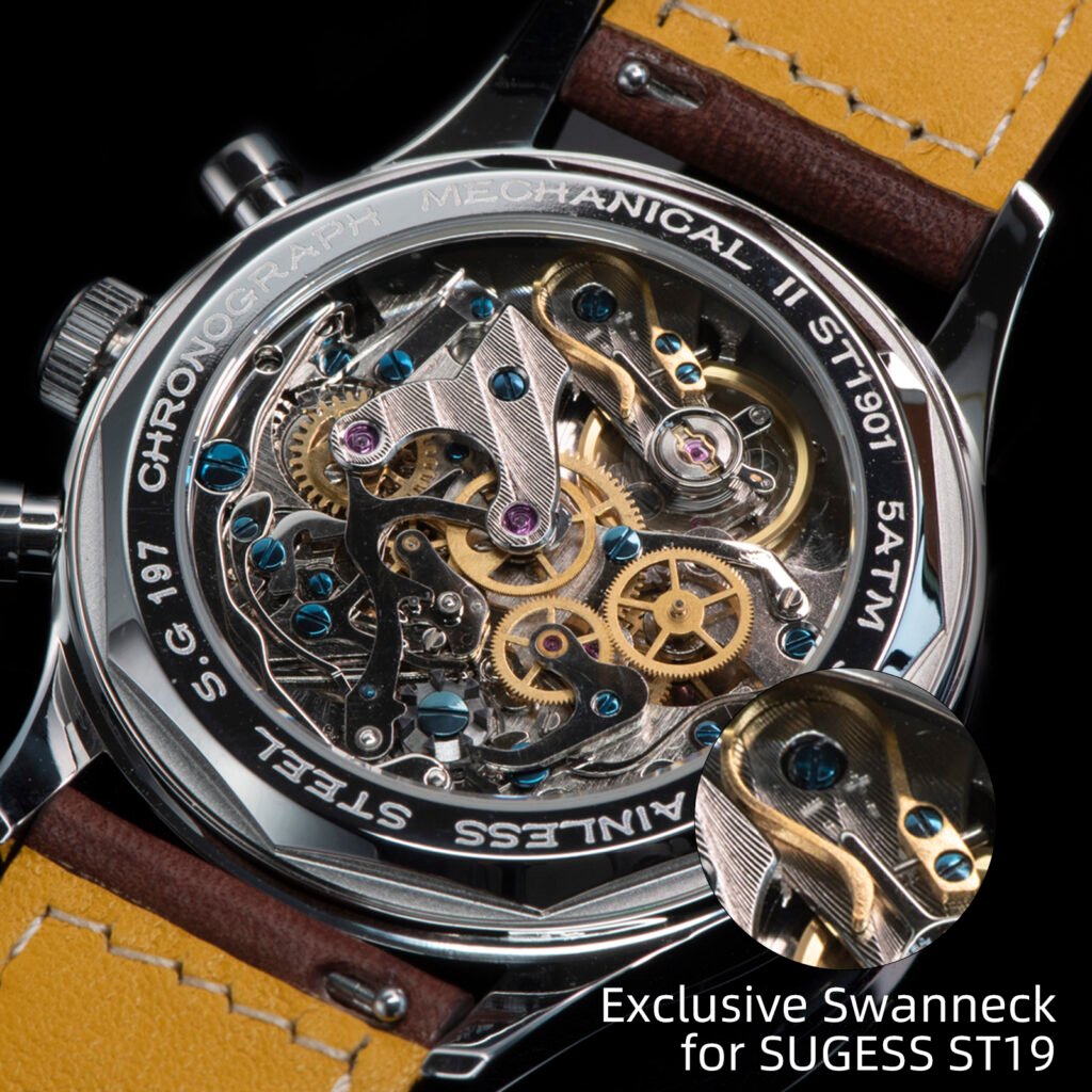 Sugess pilot chronograph watch with a light blue dial and dark brown rally leather strap showing the swanneck version movement.