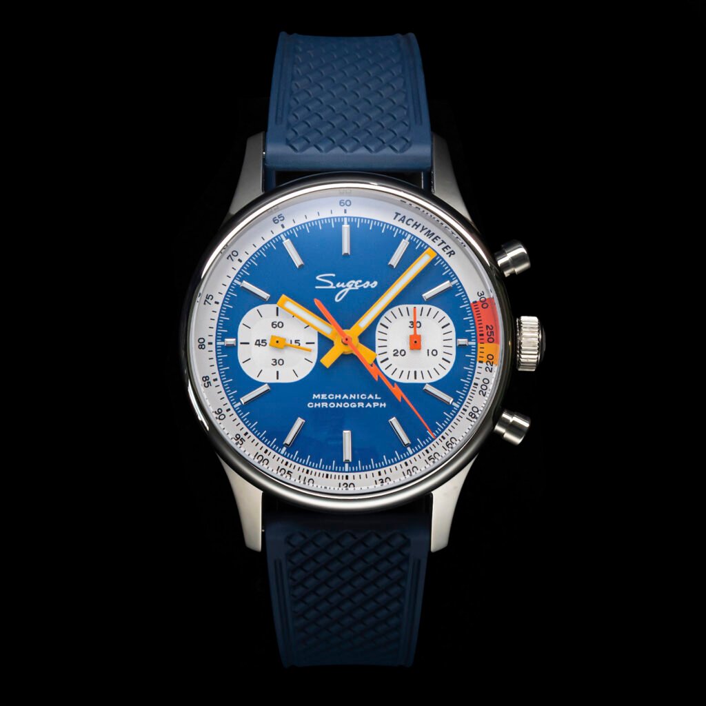 Sugess mechanical chronograph with a cream panda dial and dark brown leather rally strap showing the swanneck version movement detail.