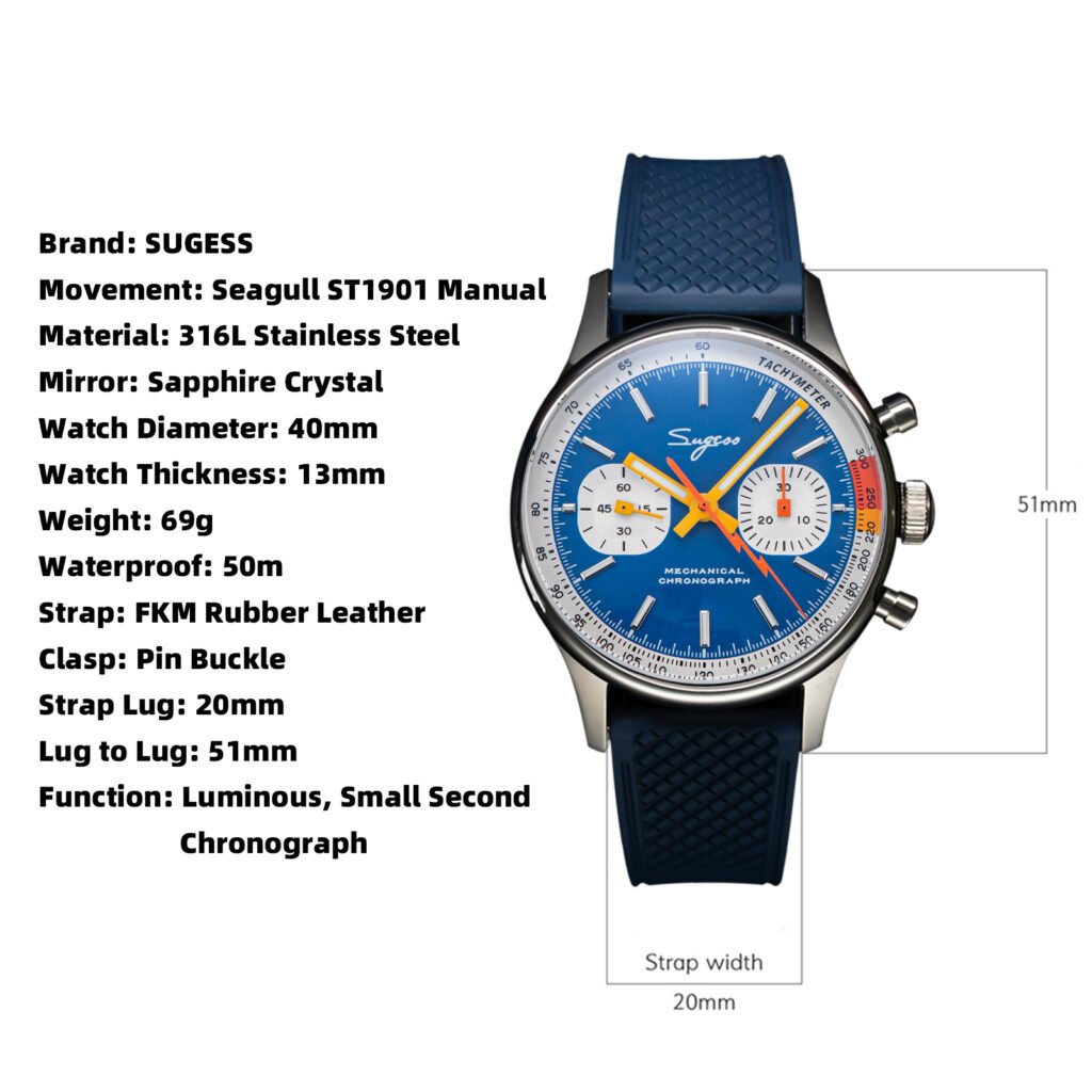 Sugess chronograph watch featuring a deep blue dial and brown perforated leather strap with a swanneck version movement inset.