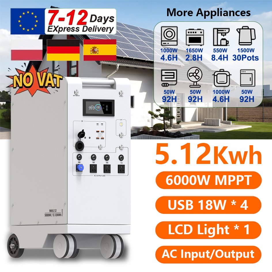 LEYOHO 5000W Portable Power Station with 5.12kWh LiFePO4 Battery for Home Backup