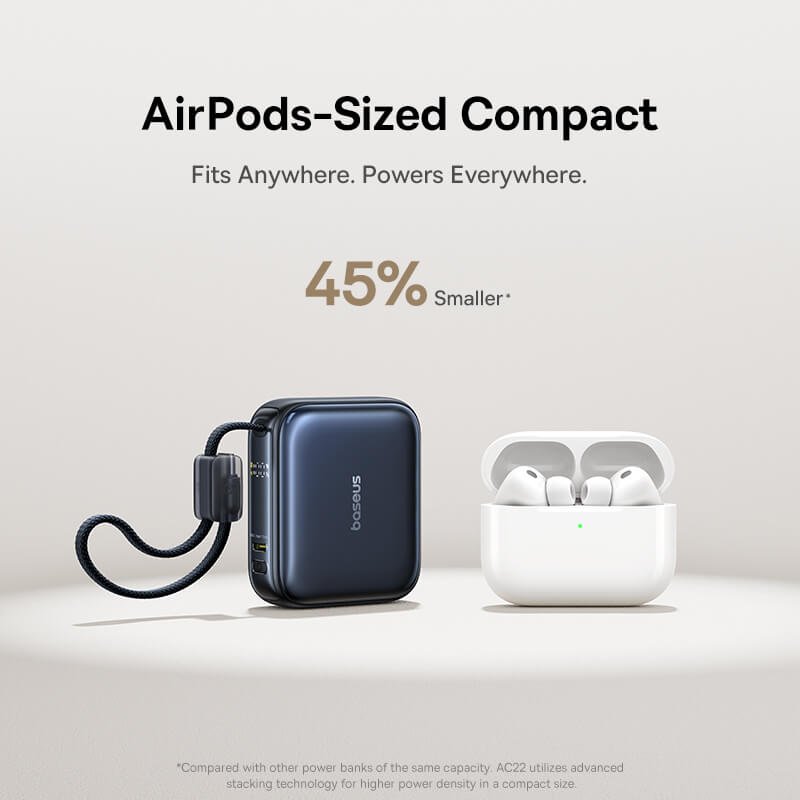 AirPods wali): Baseus 45W mini power bank size comparison with AirPods for pocket portability