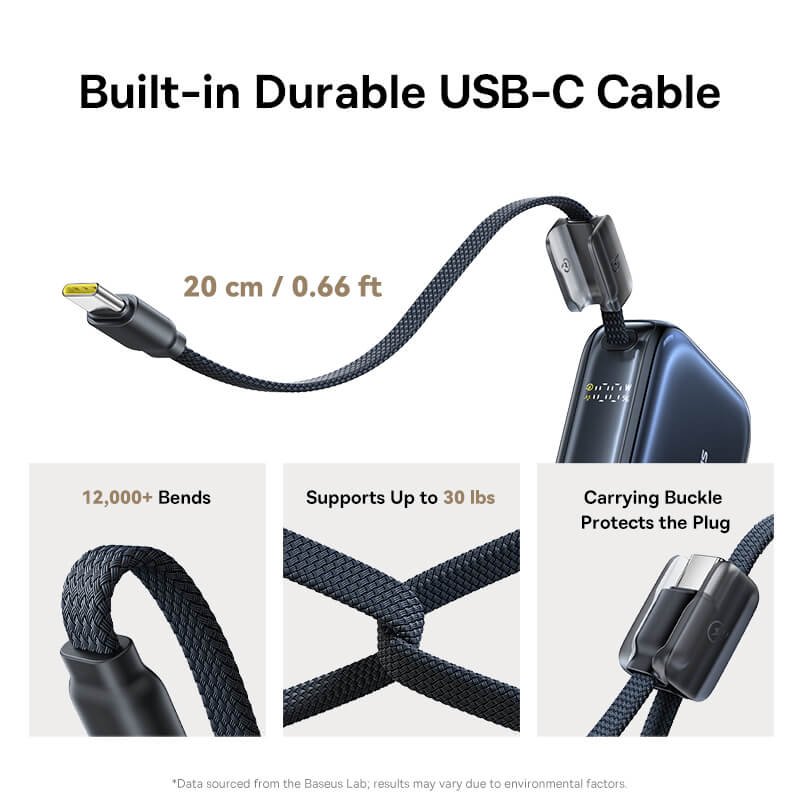 Durable Cable): Baseus 45W mini power bank durable built in USB C cable strap design