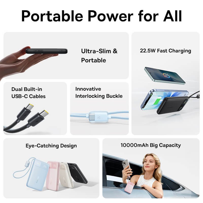 Baseus 10000mAh 22.5W portable power for all with dual built in USB C cables