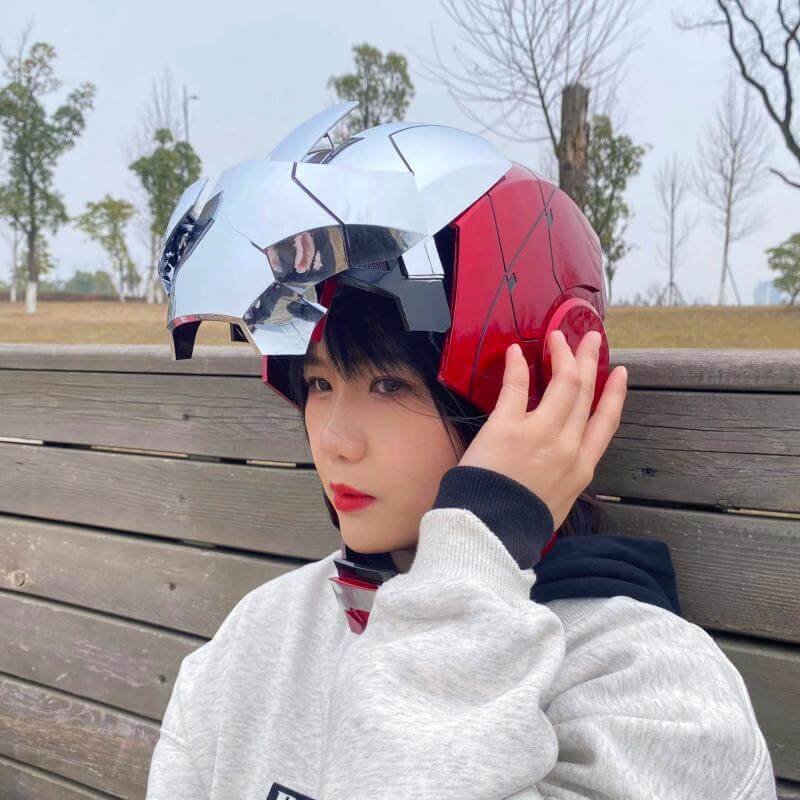 Cosplayer wearing AutoKing MK5 Iron Man helmet for cosplay review.
