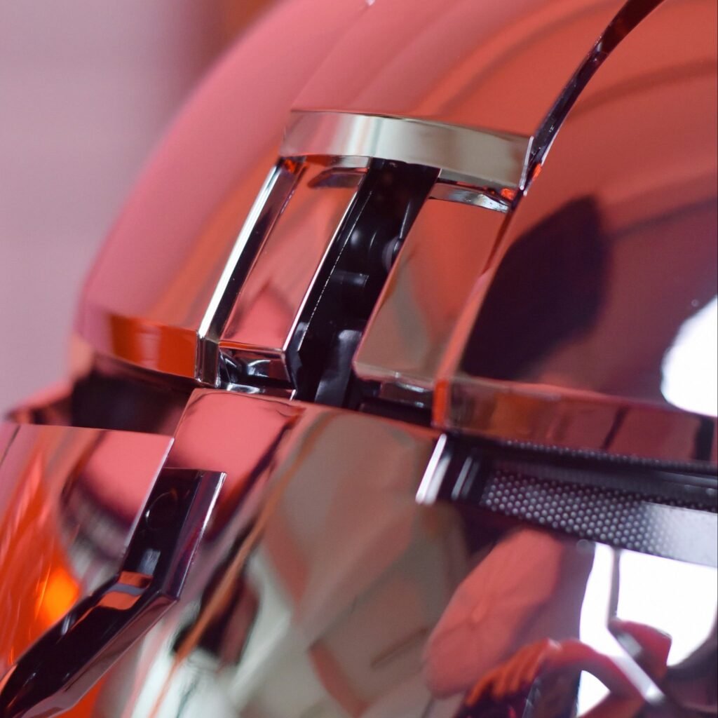 Close-up detail of AutoKing MK5 Iron Man helmet faceplate and visor.