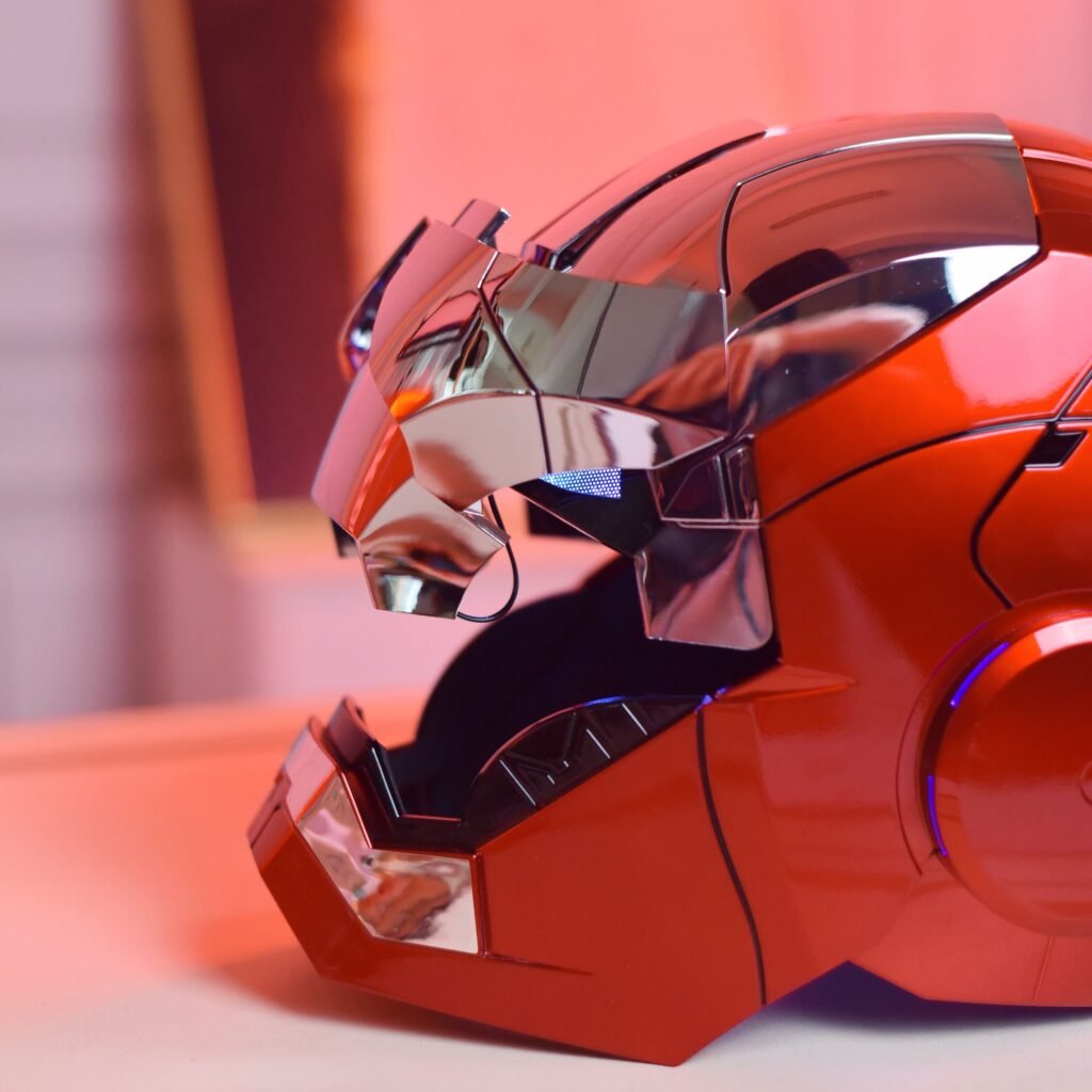 Side profile of AutoKing MK5 Iron Man helmet showing mechanical opening.