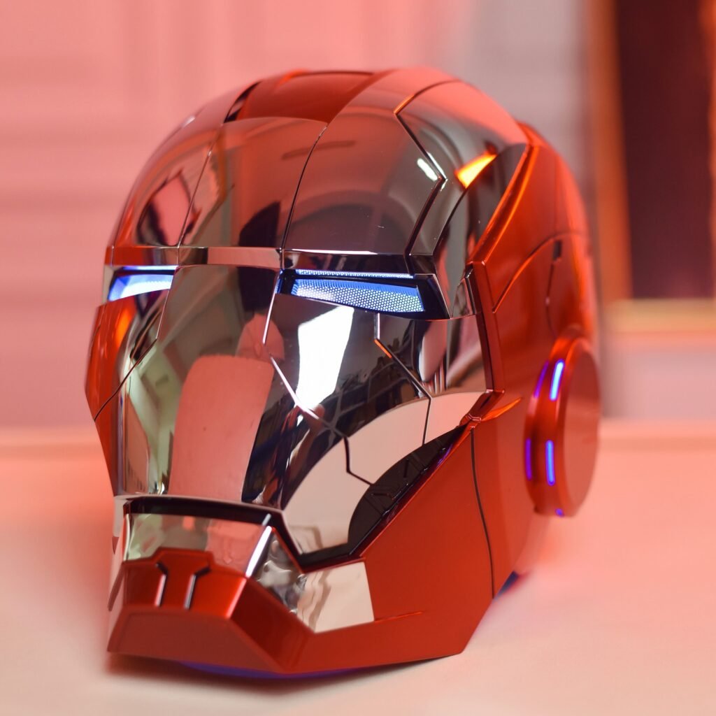 Front view of AutoKing MK5 Iron Man helmet with glowing blue LED eyes.