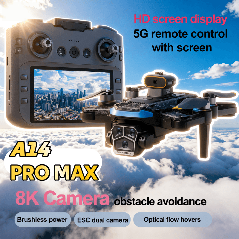 Promotional image of the A14 Pro Max drone with a 5G remote control featuring a built-in screen. The text highlights an 8K camera and obstacle avoidance features.