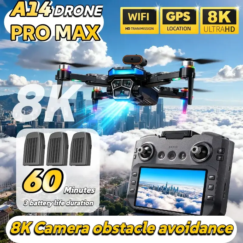 Marketing graphic for the A14 Pro Max drone showing the device in flight with three battery packs. It claims a 60-minute total battery life and features like GPS and 8K video.
