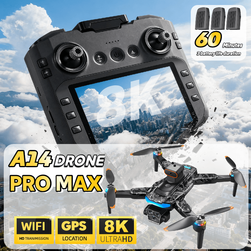 Close-up view of the RC controller for the A14 Pro Max drone displaying an 8K logo on its screen, with the drone and battery packs pictured in the background.
