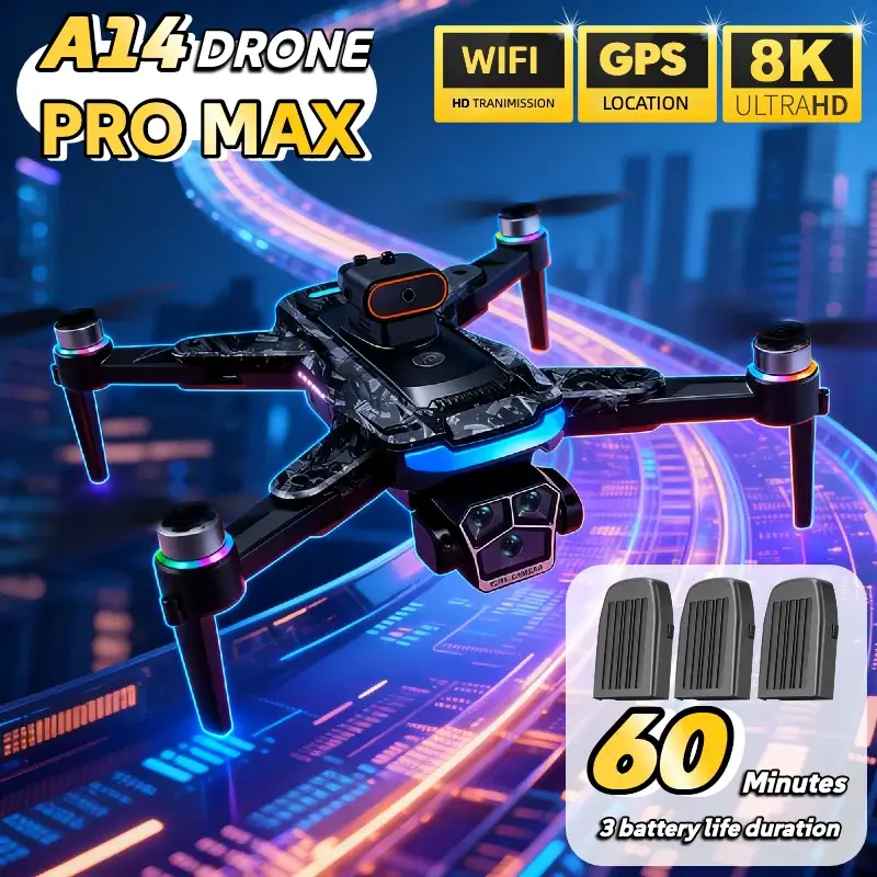 A14 Pro Max drone with glowing blue LED lights on its arms. The graphic emphasizes WiFi, GPS, and 8K capabilities along with three included batteries.