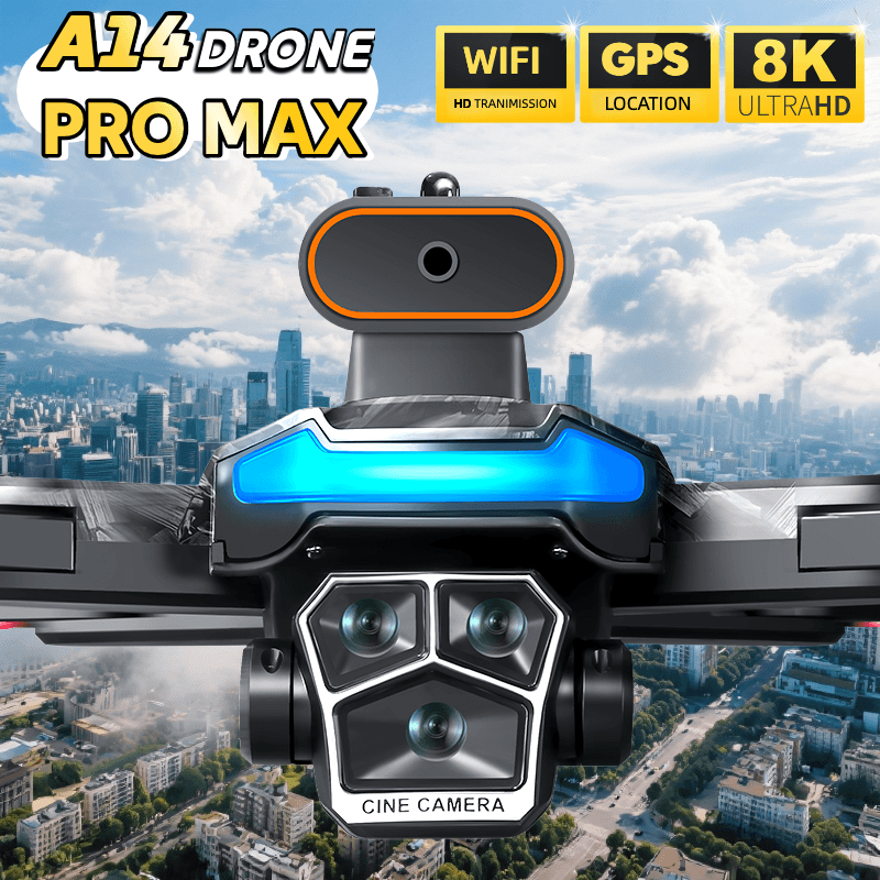 Front-facing close-up of the A14 Pro Max drone focusing on its dual camera lenses and the obstacle avoidance sensor mounted on top of the body