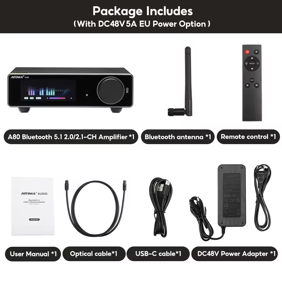 AIYIMA A80 amplifier package includes EU power adapter and accessories