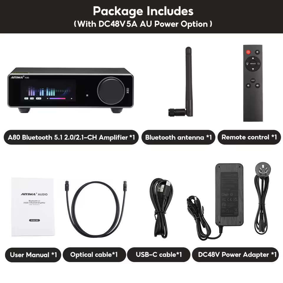 AIYIMA A80 amplifier package includes AU power adapter and accessories