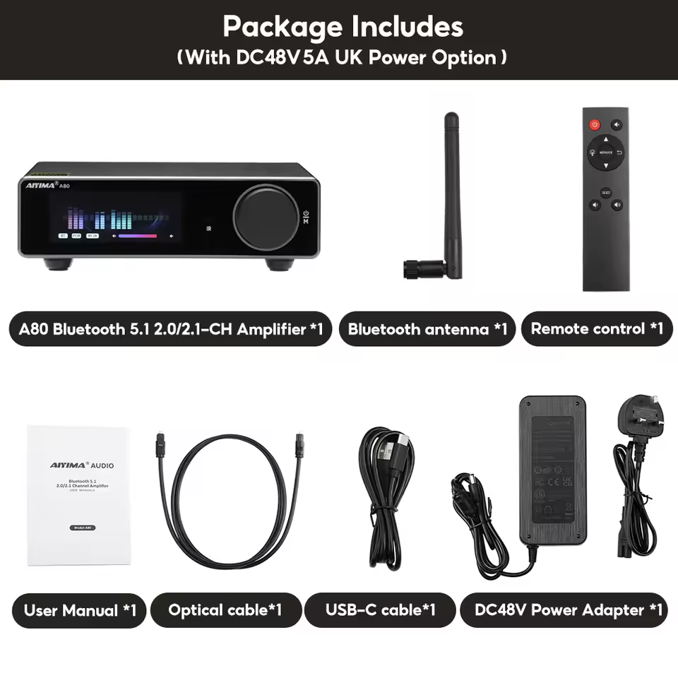 AIYIMA A80 amplifier package includes UK power adapter and accessories