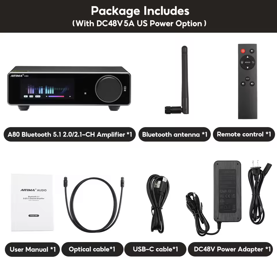 AIYIMA A80 amplifier package includes US power adapter and accessories
