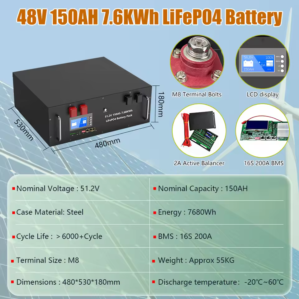 JOMA 48V 150Ah 7.6kWh LiFePO4 battery specifications and dimensions