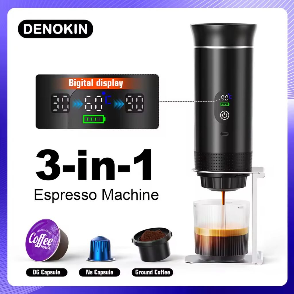 DENOKIN portable espresso machine with digital display and 3-in-1 capsule support on AliExpress sale