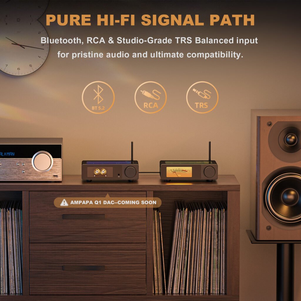 Ampapa D1 amplifier Bluetooth RCA and TRS balanced input signal path in living room setup