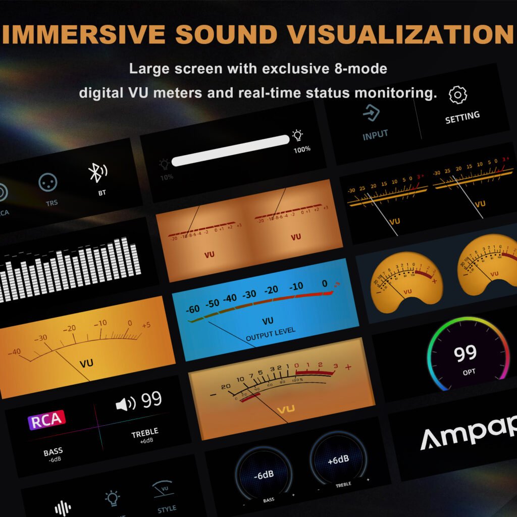 Ampapa D1 amplifier OLED display with 8-mode digital VU meter visualization