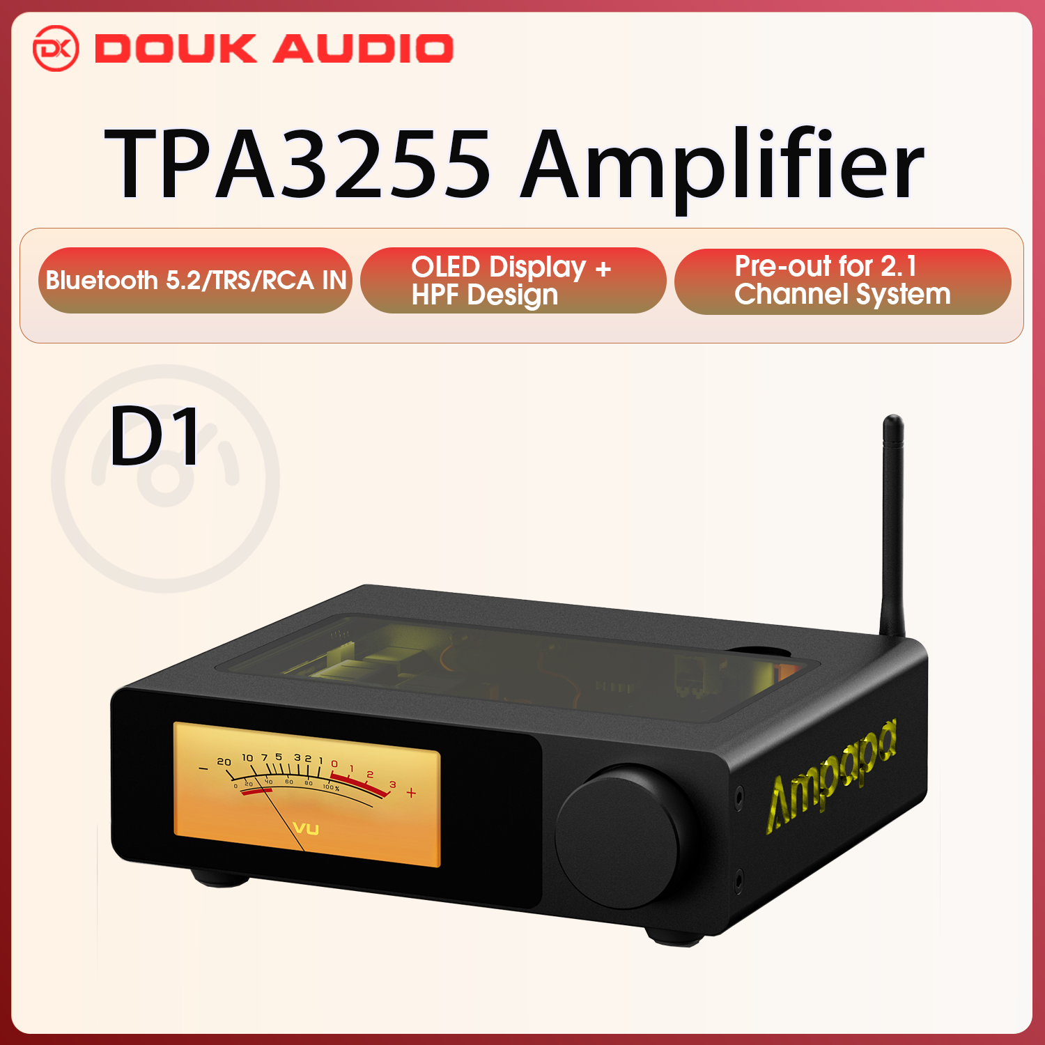 Ampapa D1 HiFi Stereo Bluetooth 5.2 Amplifier with digital VU meter and OLED display