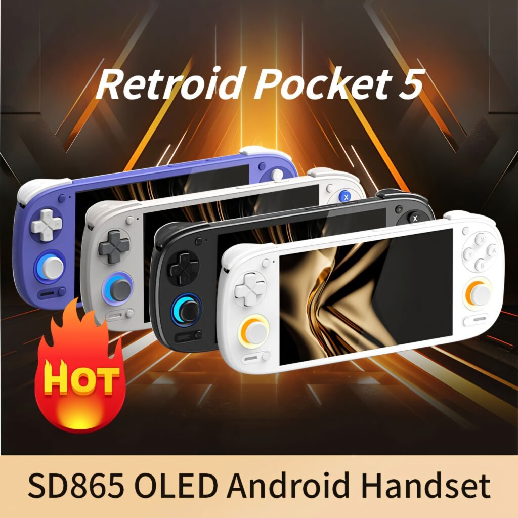 Retroid Pocket 5 promotional banner showing four different colored gaming devices in purple, grey, black, and white with text highlighting the SD865 OLED display.