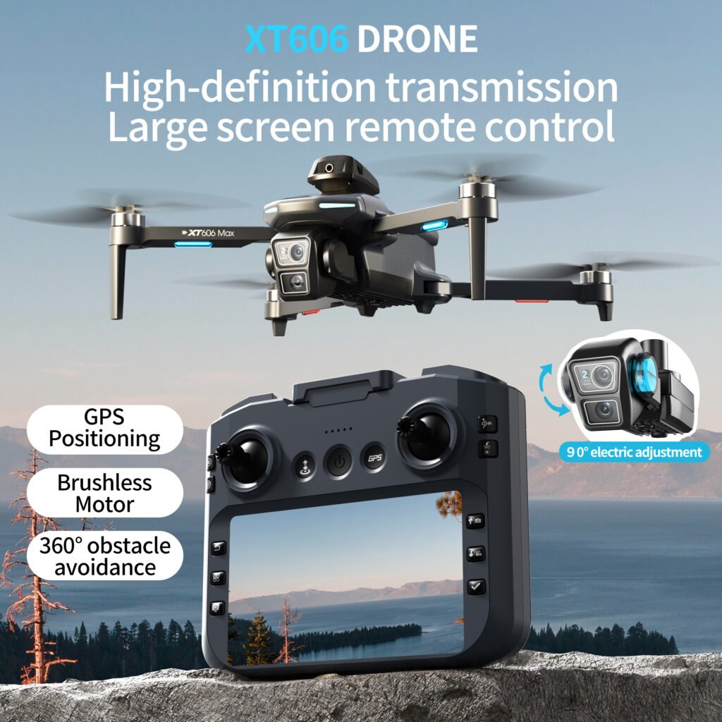 Lenovo XT606 GPS drone flying with high definition transmission display shown on the remote controller screen.