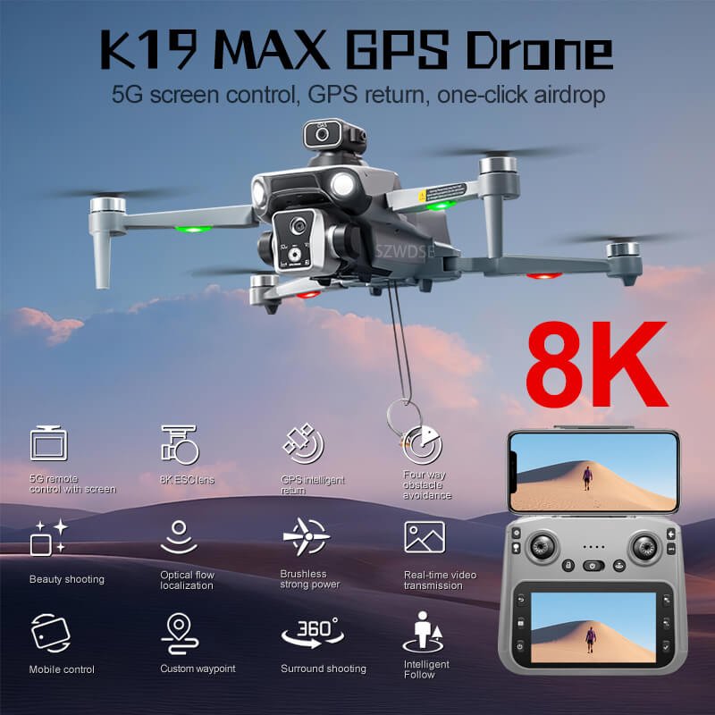 Promotional banner for the K19 MAX GPS drone highlighting its unique one-click airdrop feature and 5G remote control system with smartphone support.