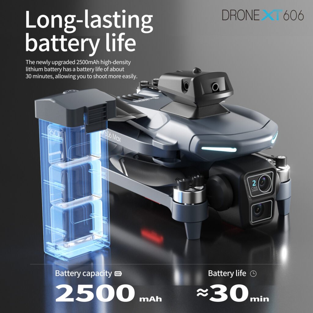 Lenovo XT606 foldable drone shown with its 2500mAh high density battery highlighting long lasting flight time