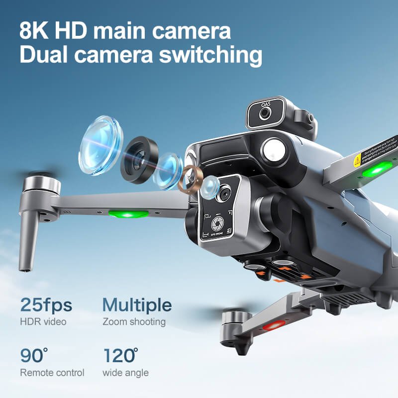 Lenovo XT606 drone 8K HD dual camera system showing lens switching capability with 120 degree wide angle and 90 degree remote adjustment