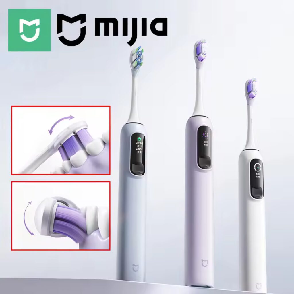 Three Xiaomi Mijia Sonic Vibration Electric Toothbrush Pro models in white purple and blue colors with smart LED screens shown on AliExpress