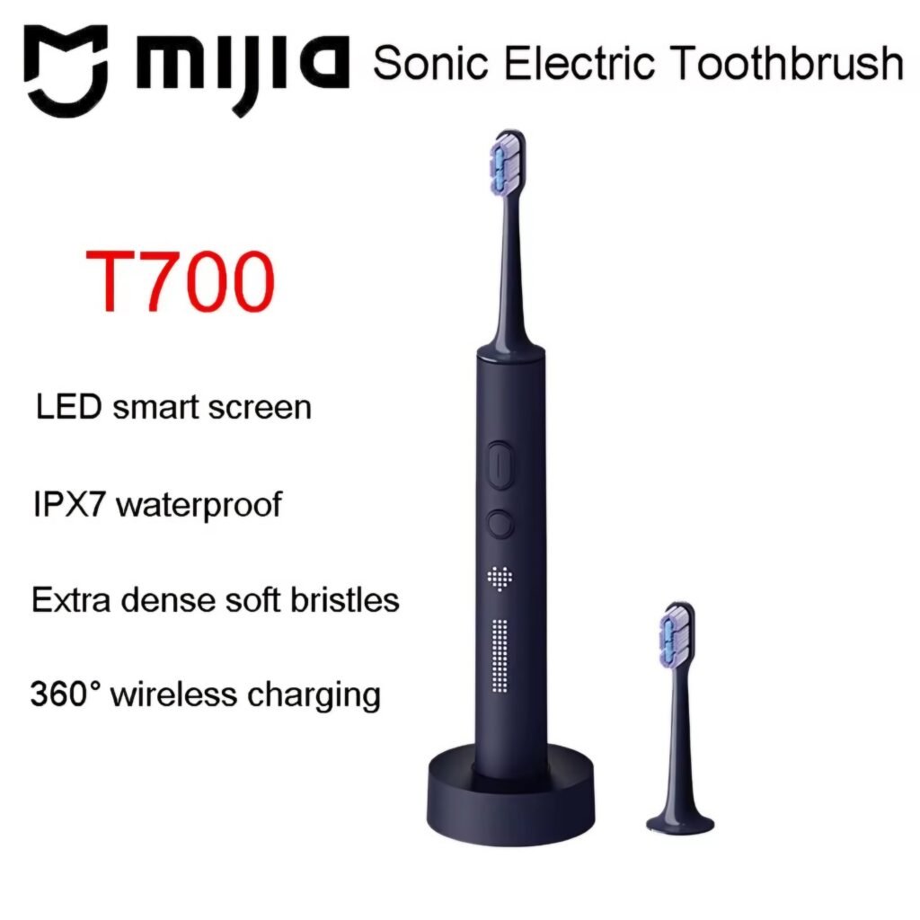 Infographic of the Xiaomi Mijia T700 black electric toothbrush detailing its key specifications like the LED smart screen and IPX7 waterproof rating for professional oral care.
