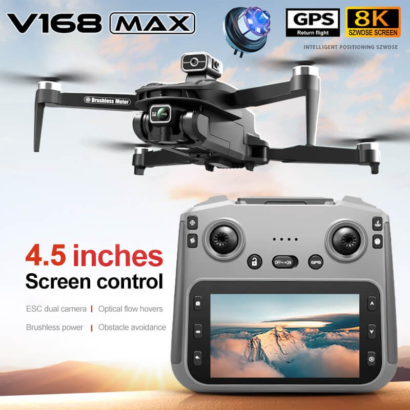 V168 MAX 8K GPS drone promotional image featuring a 4.5 inch built-in screen remote controller and aerial FPV capabilities.