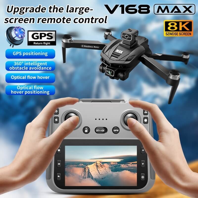 Close up of hands holding an upgraded large screen remote control for the V168 MAX drone showing real time FPV video.