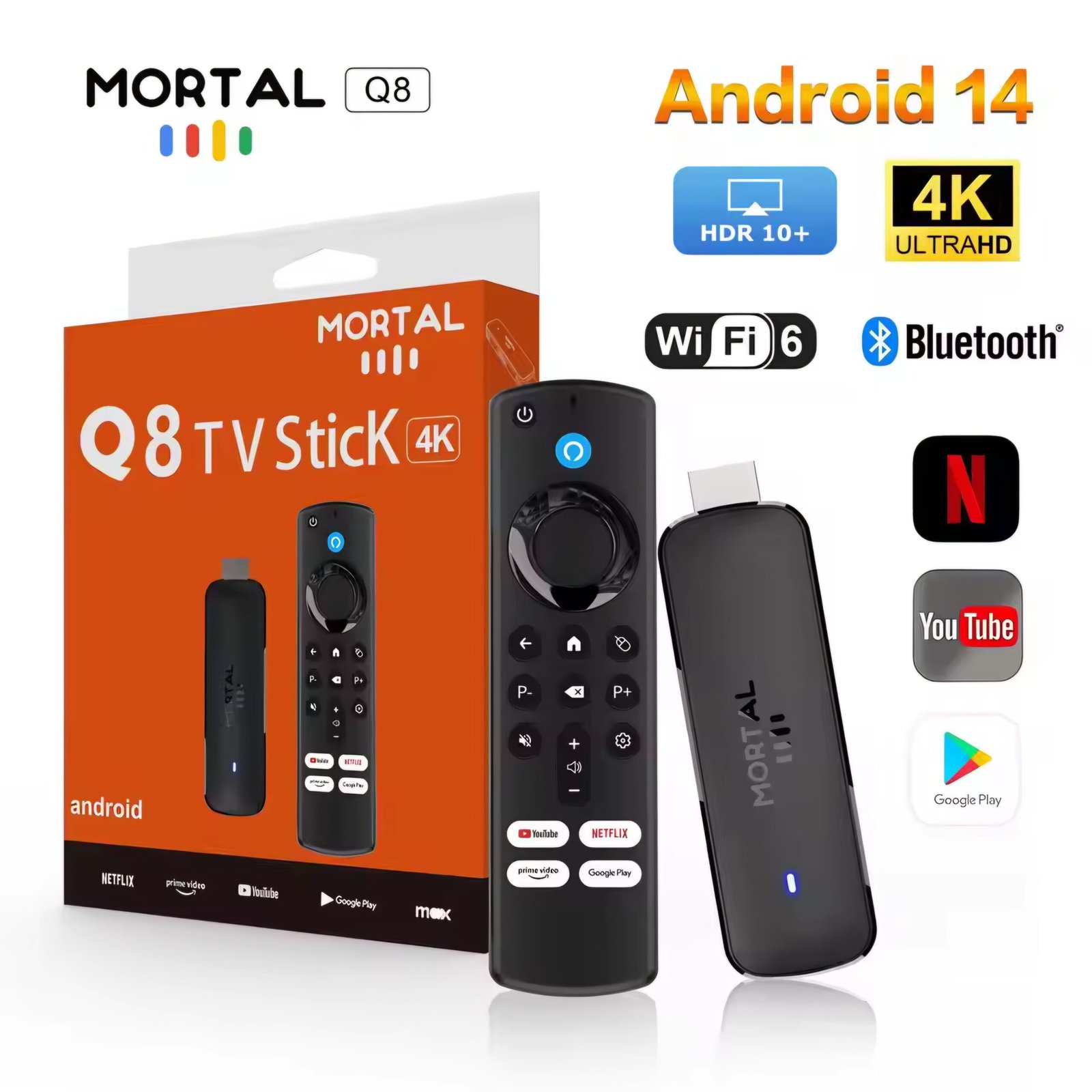 Mortal Q8 Android 14 TV Stick with 4K Ultra HD resolution and WiFi 6 support on AliExpress sale