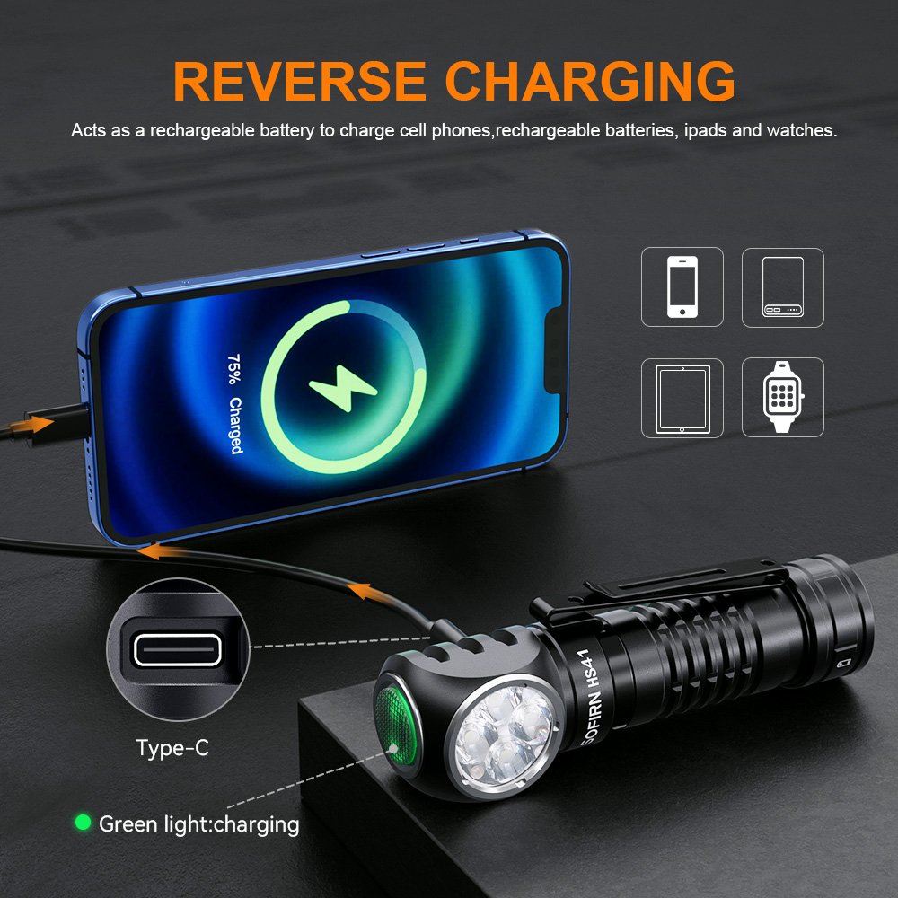 Sofirn HS41 headlamp with reverse charging feature used as a power bank for smartphones.