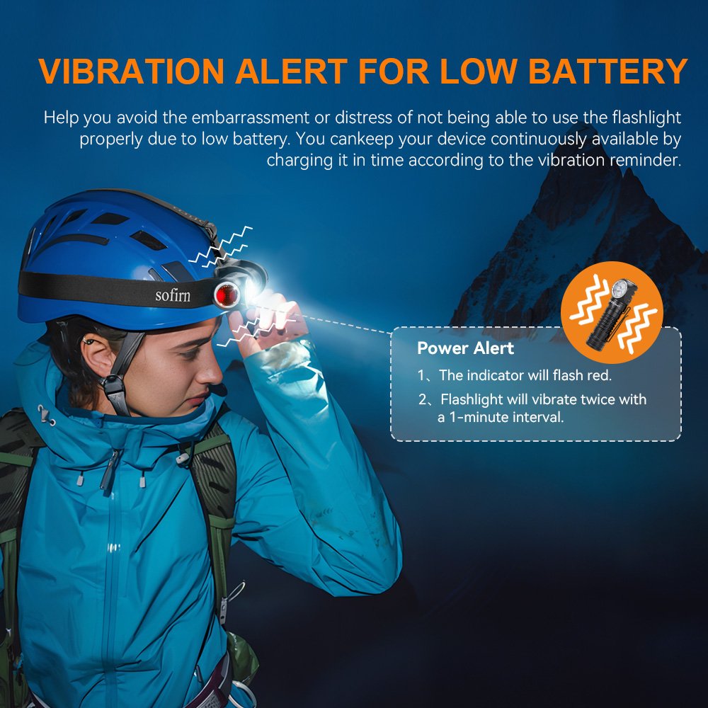 Wurkkos HD50 headlamp vibration alert for low battery and power indicator safety feature.