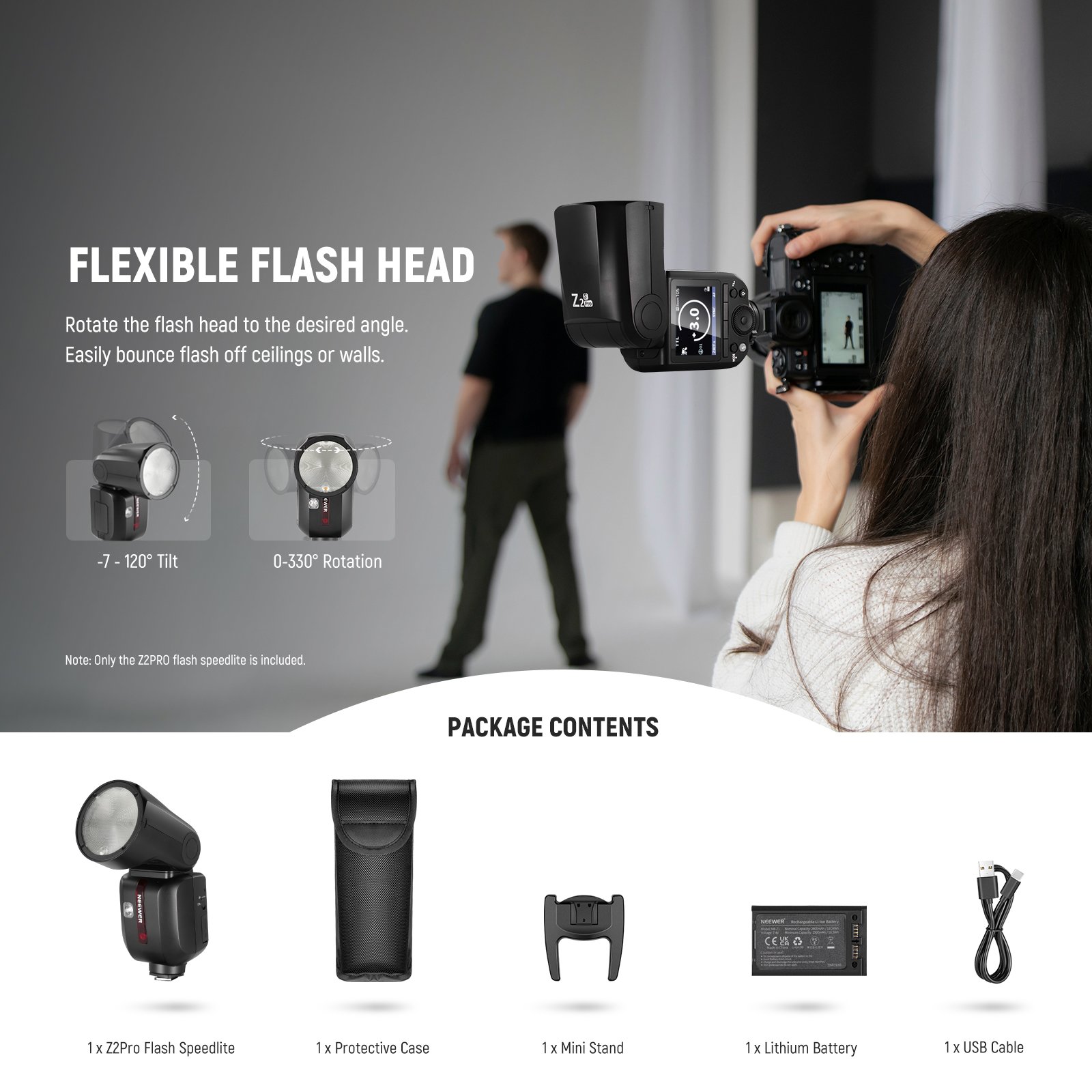 Photographer using the NEEWER Z2 Pro flash with included accessories and packaging