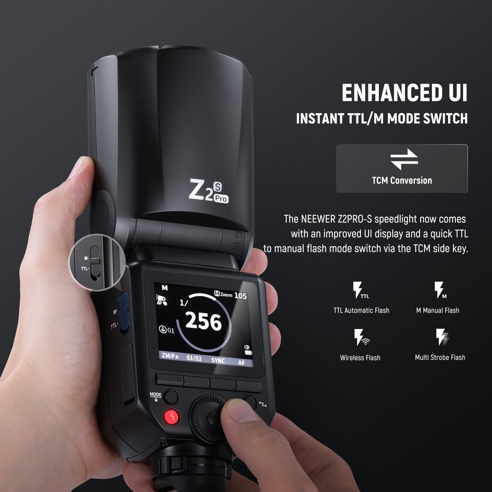 Close-up of the NEEWER Z2 Pro flash showing its control screen and settings in hand